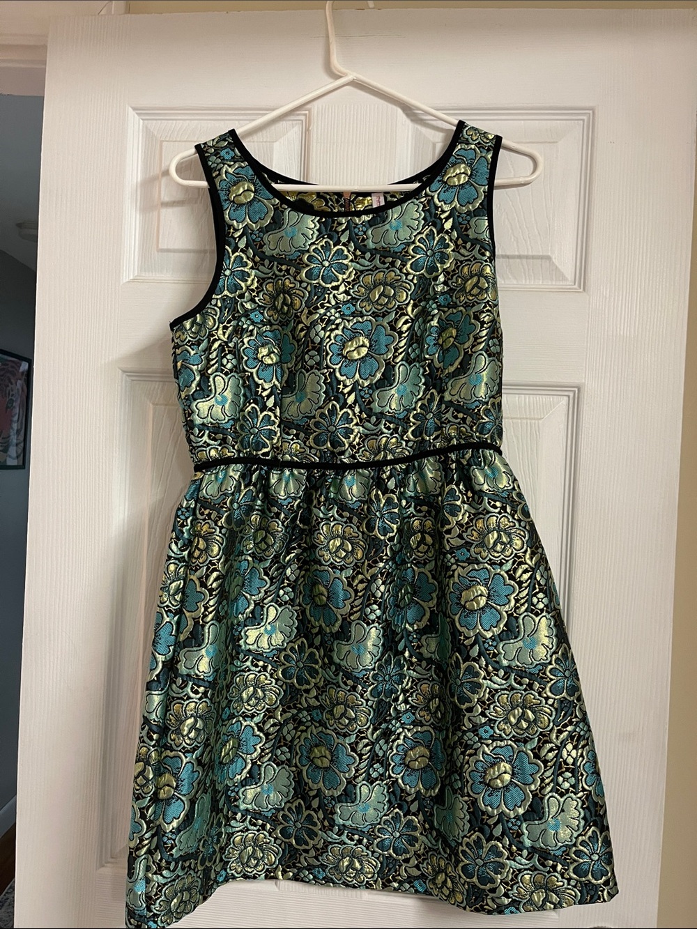 Xhilaration Teal and Gold Floral Fit-and-Flare Mini Dress